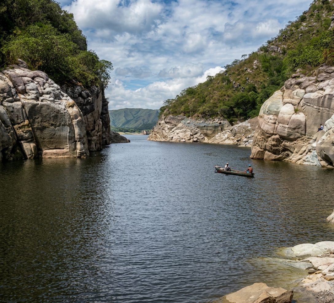 Cañón de roca sobre el agua de la represa