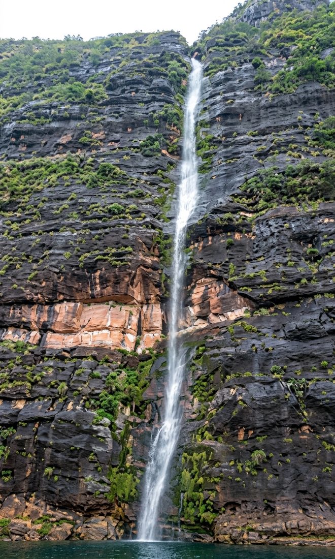 Cascada alta sobre la pared de roca